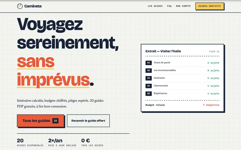 Capture d’écran du site Camineta, guides de voyage à télécharger