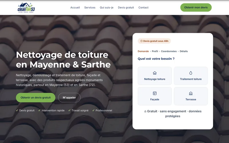 Capture d’écran du site Clean Toit 53, nettoyage de toiture en Mayenne et Sarthe
